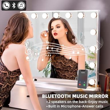 Hansong Vanity Mirror with Lights and Speaker22.8''x18.4'' Hollywood Makeup Mirror with 15 LED Bulbs Lighted Vanity Nakeup Mirror 3 Lighting Modes 10X Magnification White - Image 2