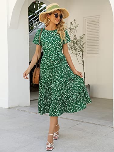 Lyrur Wedding Guest Dresses for Women Short Sleeve Belted Tiered Ruffle Summer Casual Sundress with Pockets(L,9191-GN Floral) - Image 3