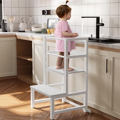 INNOD Kitchen Step Stool for Toddlers, Height Adjustable Toddler Tower with Safety Rail, Steel and Wood Toddler Kitchen Stool Helper Kids, Stool for Kids, Learning Tower, Kids' Desk White - Image 1