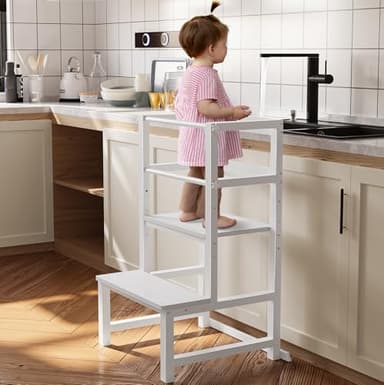 INNOD Kitchen Step Stool for Toddlers, Height Adjustable Toddler Tower with Safety Rail, Steel and Wood Toddler Kitchen Stool Helper Kids, Stool for Kids, Learning Tower, Kids' Desk White - Image 1