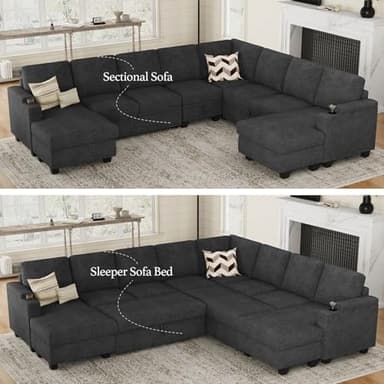 Belffin Oversized Sleeper Sofa U Shaped Modular Sectional Couch with Double Storage Chaise Convertible Sofa Bed. Dark Grey Couch - Image 4