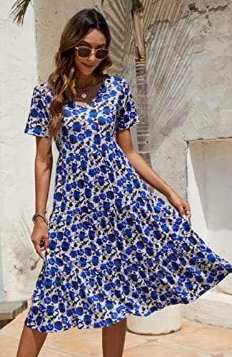 Berydress Womens Casual Summer Dresses 2025 Short Sleeve V-Neck Wedding Guest Floral Tiered Midi Dress (M, 6175-RB Flowers) - Image 3