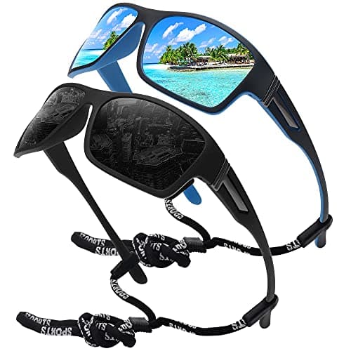 STORYCOAST Polarized Sports Sunglasses for Men Women Unbreakable Frame Cycling Fishing Driving Black+Blue Mirror 2Pack - Image 1