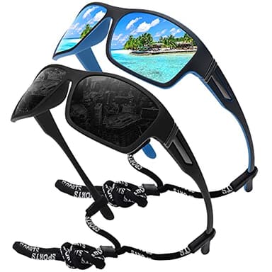STORYCOAST Polarized Sports Sunglasses for Men Women Unbreakable Frame Cycling Fishing Driving Black+Blue Mirror 2Pack - Image 1