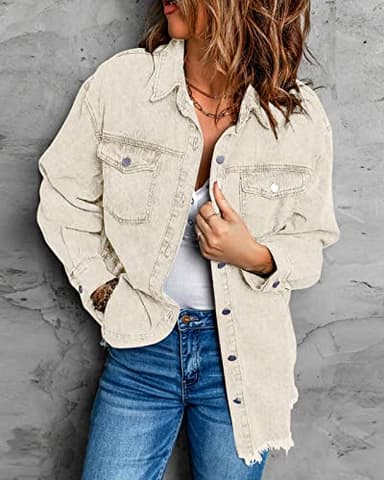 Vetinee Women's Oversized Boyfriend Cannoli Cream Front Button Up Frayed Raw Hem Long Sleeve Pockets Denim Jean Jacket Shacket Large Size 12 Size 14 - Image 6