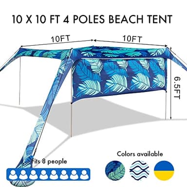 Beach Canopy Tent Shade with Sidewalls 10x10FT, 6.6FT Tall, UPF50+ Sun Shelter, Windproof & Water Resistant, Includes Guylines Sand Shovel Stability Poles, Easy Up for Beach Outdoor Camping Backyard - Image 4