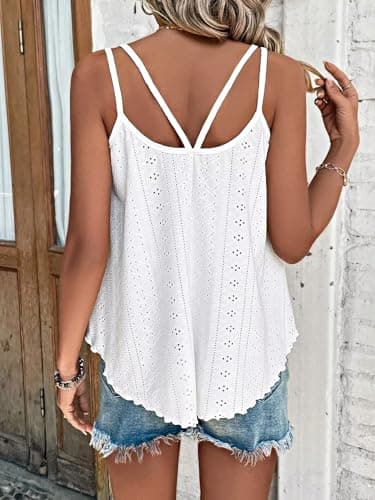ATHMILE Cute Summer Tops White Tank Tops Eyelet Embroidery Sleeveless Spaghetti Strap Tops Scoop Neck Sexy Loose Fit Casual Summer Flowy Cami - Image 2