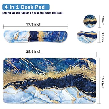 4-in-1 Large Gaming Mouse Pad, Keyboard Wrist Rest Pad & Wrist Support Mousepad Set, Extended Desk Pad Waterproof Desk Mat for Home Office Study Game - Blue Gold Marble - Image 3