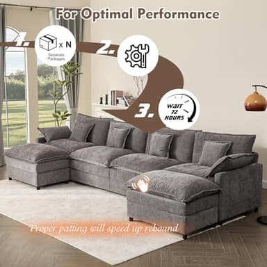 GOSUHI 142.5" U Shaped Couch, Modular Sectional Sofa, 3-Seater Comfy Cloud Couch with Movable Ottoman, Deep Seat Couches for Living Room, Chenille, Slate - Image 7