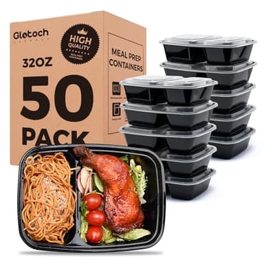 Glotoch 50 Pack 32 oz Meal Prep Containers Reusable, 2 Compartment Food Containers with Lids To Go Containers, Lunch-Microwave, Freezer, Dishwasher Safe - Image 1