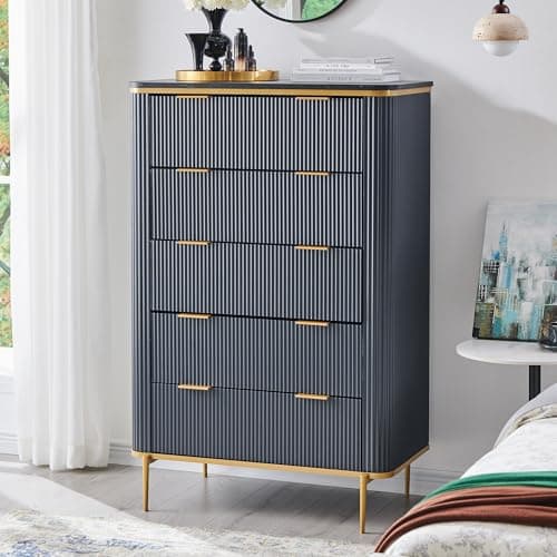 T4TREAM Fluted 5 Drawers Dresser for Bedroom, 48" Tall Modern Dresser Chest of Drawers, Gold Accents, Fluted Fronts, Wood Storage Dressers Organizer for Bedroom, Living Room, Dark Grey - Image 1