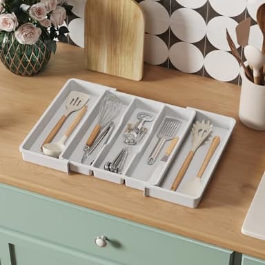 Lifewit Utensil Organizer for Kitchen Drawers, Expandable from 13‘’ to 22.4'', 15'' Depth, Plastic Cutlery Silverware Flatware Holder, Spatula Tools and Gadgets Storage, Large, White - Image 8