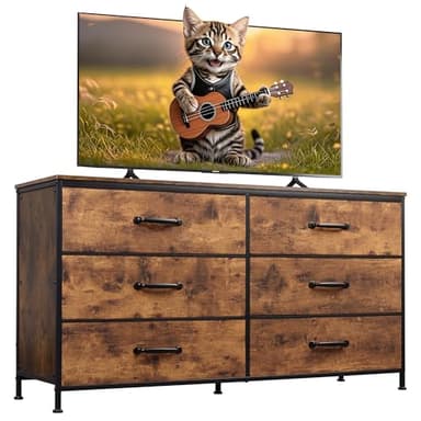 WLIVE 6 Drawer Dresser for Bedroom Large, Fabric Wide Dresser TV Stand for 50, 55, 60 inch TV, Big Long Chest of Drawers with Deep Drawer for Closet, Bedroom, Living Room, Hallway, Rustic Brown - Image 1
