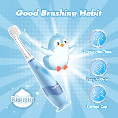 Papablic Toddler Sonic Electric Kids Toothbrush for Ages 1-3 Years, Baby Electric Toothbrush with Cute Penguin Cover and Smart LED Timer, 2 Brush Heads (Pippin) - Image 5