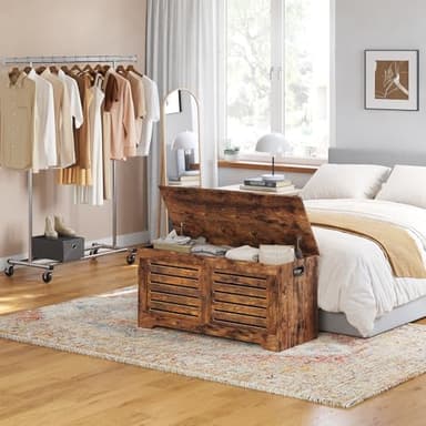 DINZI LVJ Storage Chest, 43.3” Wooden Toy Box with 2 Safety Hinges, Retro Entryway Shoe Storage Bench with Flip-Top, Sturdy Large Storage Trunk for Living Room, Bedroom, Easy Assembly, Rustic Brown - Image 4