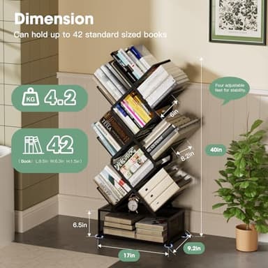 Onadak Metal 6 Tier Bookshelf, No Assembly Needed Foldable Bookcase with Storage Cabinet, Sturdy Standing Shelf for Bedroom Office Corner, Black​ - Image 2