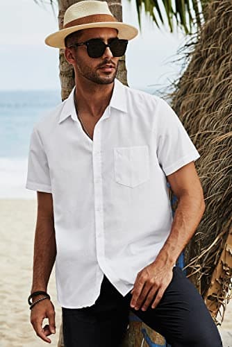 JMIERR Men's Summer Casual Stylish Short Sleeve Button-Up Shirts Cotton Linen Solid Color Business Dress Shirts Chambray Beach Shirt, L, White - Image 5
