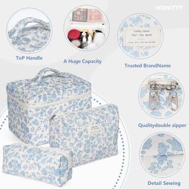 Makeup Bag,Quilted Cosmetic Bag,Large Floral Make Up Bag for Women,Cotton Makeup Bag Set,Flower Travel Toiletry Bag - Image 3