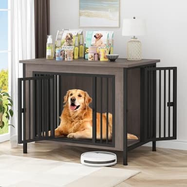 EasyCom Dog Crate Furniture for 1 or 2 Dogs, Heavy Duty Single/Double Dog Crates for Small/Medium/Large Dogs, Dog Kennel Furniture Indoor as TV Stand, Large Size 39.96" L(35-60 Pounds), Oak Grey - Image 1