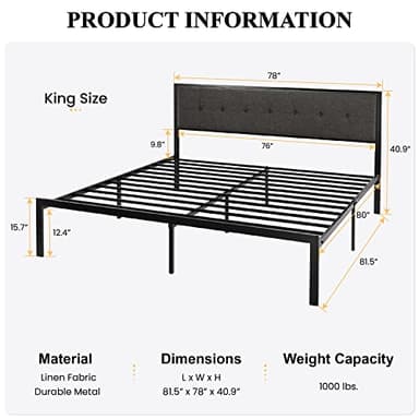 SHA CERLIN King Size Platform Bed Frame with Upholstered Headboard, Metal Slats Support, Button Tufted Square Stitched Headboard, Noise Free, No Box Spring Needed, Easy Assembly, Dark Grey - Image 2