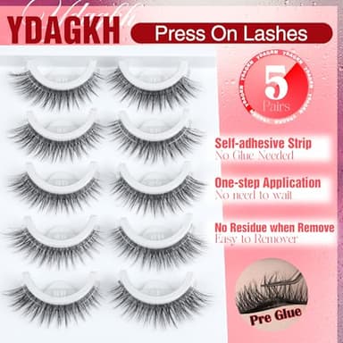 Self Adhesive Eyelashes Natural Look Press On Lashes No Glue Needed Wispy Reusable Self Adhesive Lashes without Eyeliner Clear Band Pre Glued Lashes Cat Eye Lashes Faux Mink Lashes 5 Pairs - Image 3