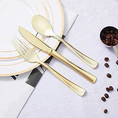 N9R 300PCS Gold Plastic Silverware, Heavy Duty Gold Plastic Cutlery Set Disposable Flatware Dinnerware, 100 Forks, 100 Spoons, 100 Knives, Perfect for Party, Wedding and Daily Use - Image 6