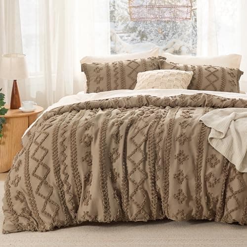 Bedsure Tufted Boho Comforter Set King Size - Light Brown Boho Bed Set, GentleSoft™ 3 Pieces Farmhouse Shabby Chic Embroidery Bedding, Gifts for Woman, Jacquard King Comforter for All Seasons - Image 1