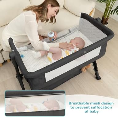 Baby Bassinet, Bedside Bassinet for Baby, 3 in 1 Bassinet Bedside Sleeper with Wheels, Mosquito Net, Adjustable Easy Folding Portable Bed for Infant Newborn (Dark Grey) - Image 6