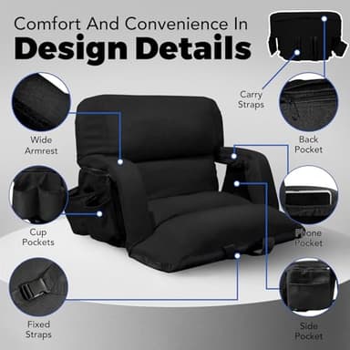 Extra Wide Stadium Seats With Back Support 2 Pack, Exclusive "Sofa Style" Design Thick Bleacher Chairs With Back and Cushion, 6 Reclining Positions - Ultimate Comfort for Sports Events (Black, 25") - Image 5