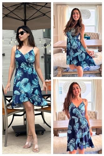 ULTRANICE Womens Summer Dresses 2025 Sundresses Casual Spring Trendy Flowy Wrap Midi Beach Wedding Guest Vacation Outfits Clothes V Neck Spaghetti Strap Dress(Blue Blue Green Floral,S) - Image 4