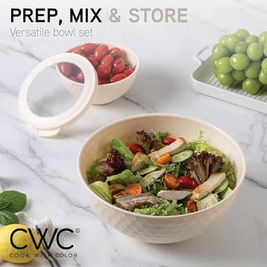 COOK WITH COLOR Mixing Bowls with Lids - 12 Piece Plastic Nesting Bowls Set includes 6 Prep Bowls and 6 Lids, Non Slip Bottom and Embossed Design - Microwave Safe (Cream) - Image 6