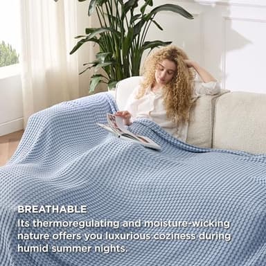 Bedsure Cooling Cotton Waffle Oversized King Blanket - Lightweight Breathable Rayon Derived from Bamboo for Hot Sleepers, Luxury Throws for Bed and Sofa, Sky Blue, 120x96 Inches - Image 7