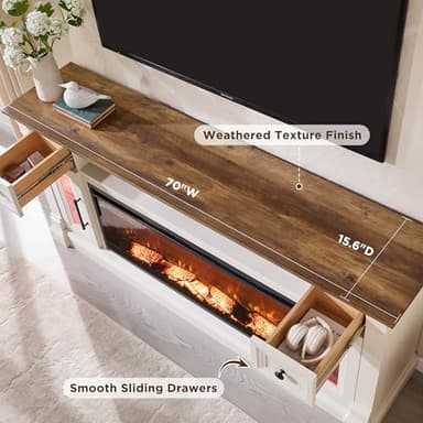 OKD Fireplace TV Stand for 80 Inch TV - Farmhouse Entertainment Center with 42" Electric Fireplace & LED Lights, Wood Media Console with Storage Drawers & Cabinets for Living Room, Antique White - Image 4