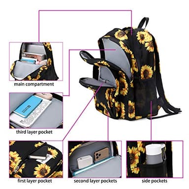 abshoo Classical Basic Womens Sunflower School Backpack For Teen Girls Water Resistant College Bookbag (Sunflower Black) - Image 4