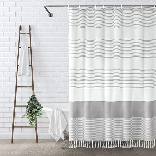 Awellife Boho Gray Shower Curtain for Bathroom Stripe Tassel Shower Curtain 60 X 72 Inches Farmhouse Cotton Grey - Image 1