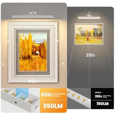 Picture Light with Remote - 16in White Rechargeable Battery Wall Light for Paintings, Cordless Wall Sconce for Art Painting & Photo Frames, 5000mAh with Timer, 350LM Brightness (3-Pack) - Image 2