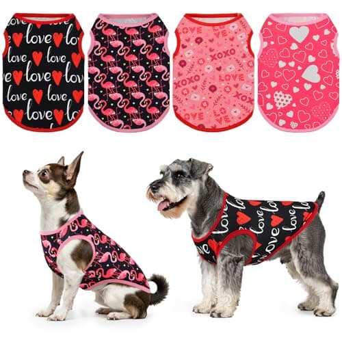 LyssKMK 4 Pack Valentine‘s Day Dog Shirts Heart Love Letter Tank Tops for Small Medium Dogs Flamingo Pattern Sleeveless Vests for Cats Kitten Puppies M