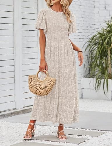 ZESICA Women's 2025 Summer Casual Floral Print Short Flutter Sleeve Crew Neck Smocked High Waist Flowy Maxi Dress,Beige,Large - Image 5