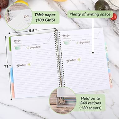 Recipe Book to Write in Your Own Recipes, 9.6’’x12.5’’ Personal Blank Recipe Notebook, Removable Recipe Journal Book Binder with 8 Dividers and 24 Tabs, Hold up to 240 Recipes - Image 4