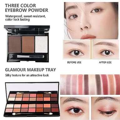 MTDXILTAI All in One Makeup Kit - 2X14 Eyeshadow Palette, Liquid Foundation, Eyeliner Pencils, Contouring Stick, Lip Gloss, 20Pcs Makeup Brushes (Black) - Image 6
