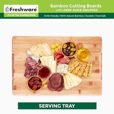 Freshware Freshware Bamboo Cutting Boards for Kitchen with Juice Groove [Set of 2] Wood Cutting Board for Chopping Meat, Vegetables, Fruits, Cheese, Knife Friendly Serving Tray with Handles - Image 6
