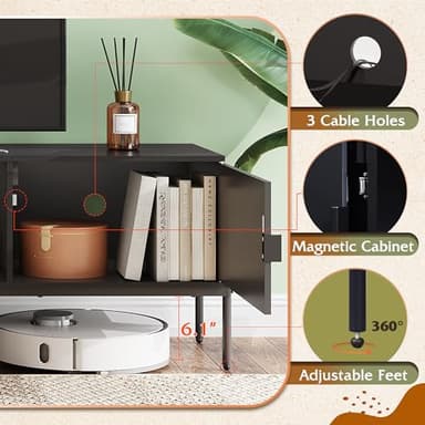 WLIVE Modern TV Stand for 65 Inch TV, Mid Century Entainment Center with Storage, TV Console with Open Shelf and 2 Cabinets for Bedroom and Living Room, TV Cabinet with Metal Legs, Black - Image 4