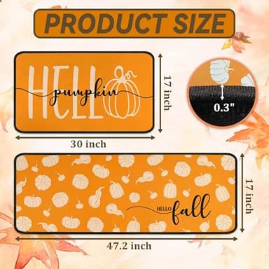 Orange Hello Pumpkin Fall Kitchen Rugs Set of 2, Autumn Harvest Pumpkin Thanksgiving Front Door Mat Floor Rug for Home Holiday Party Decor 17"x47"+17"x30" - Image 2