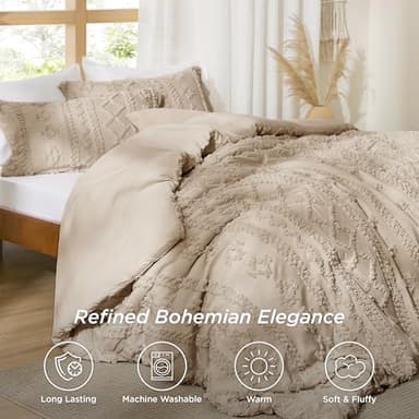 Bedsure Tufted Boho Comforter Set California King Size - Khaki Boho Bed Set, GentleSoft™ 3 Pieces Farmhouse Shabby Chic Embroidery Bedding, Gifts for Woman, Soft Jacquard Comforter for All Seasons - Image 2