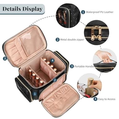 Bagmoly Large Makeup Bag, Portable Travel Makeup Bag Organizer for Women Girls with Makeup Brush Compartment & Two Side Pockets, Cosmetic Travel Bag Vertical Storage Toiletry Bag - Black - Image 2