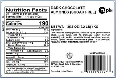 Yupik Sugar Free Dark Chocolate Almonds, 2.2 lb (35.2 oz), Kosher, Dark Chocolate Covered Roasted Almonds, Nuts Dipped in Chocolate, Source of Fiber, Crunchy & Smooth, Sugar-Free Snacks - Image 2
