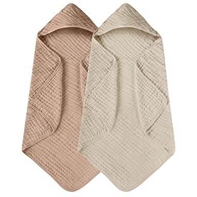 Yoofoss Hooded Baby Towels for Newborn 2 Pack 100% Muslin Organic Cotton Baby Bath Towel with Hood for Babies, Infant, Toddler and Kids, 32x32Inch, Soft and Absorbent Newborn Essential, Beige&Coffee - Image 1