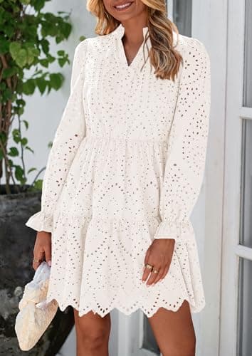 PRETTYGARDEN Women's Spring 2025 Long Puff Sleeve Mini Dress Hollow Out Lace V Neck A Line Ruffle Casual Party Dresses (White,Small) - Image 3