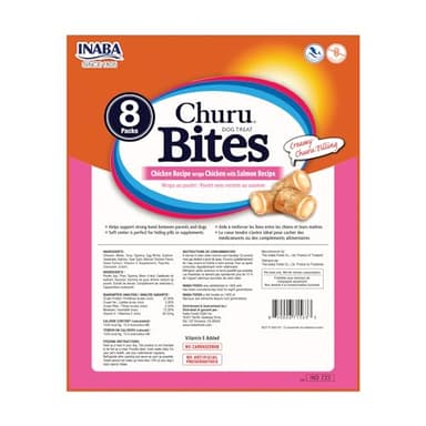 INABA Churu Bites for Dogs, Soft & Chewy Dog Treats, 0.42 Ounces Each Tube, 64 Tubes Total (8 Tubes per Pack), Chicken with Salmon Recipe - Image 2