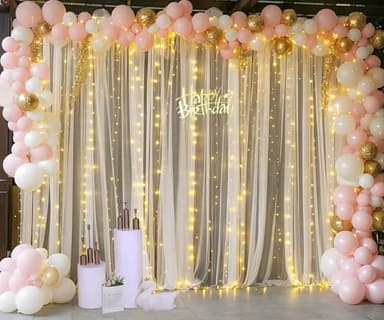 Champagne Tulle Backdrop Curtain with Lights String for Parites Wedding 10x8ft Champagne Sheer Backdrop Curtains for Bridal Shower Baby Shower Birthday Party Photo Booth Background Decorations - Image 3